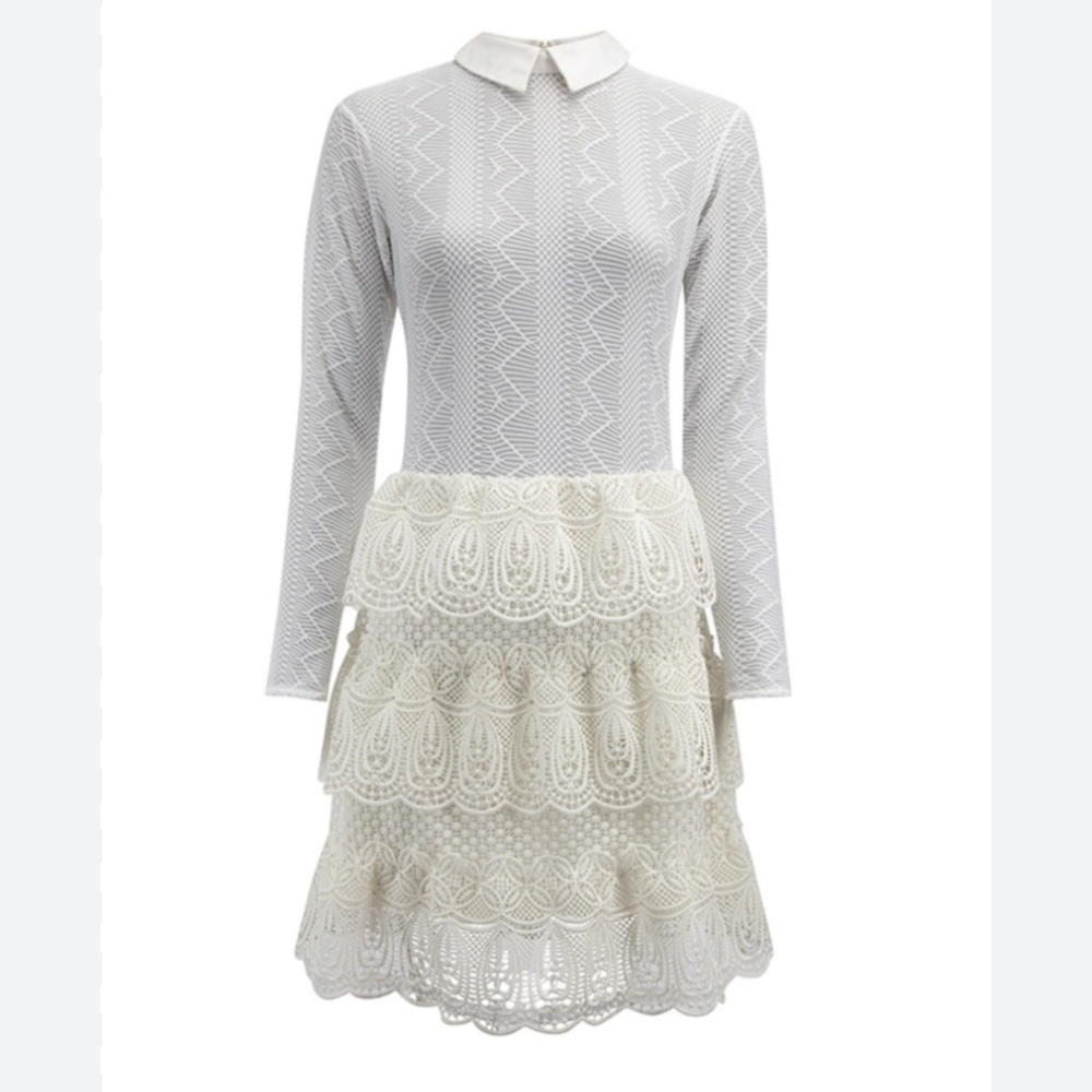 Self-Portrait White Layered Lace Mini Dress